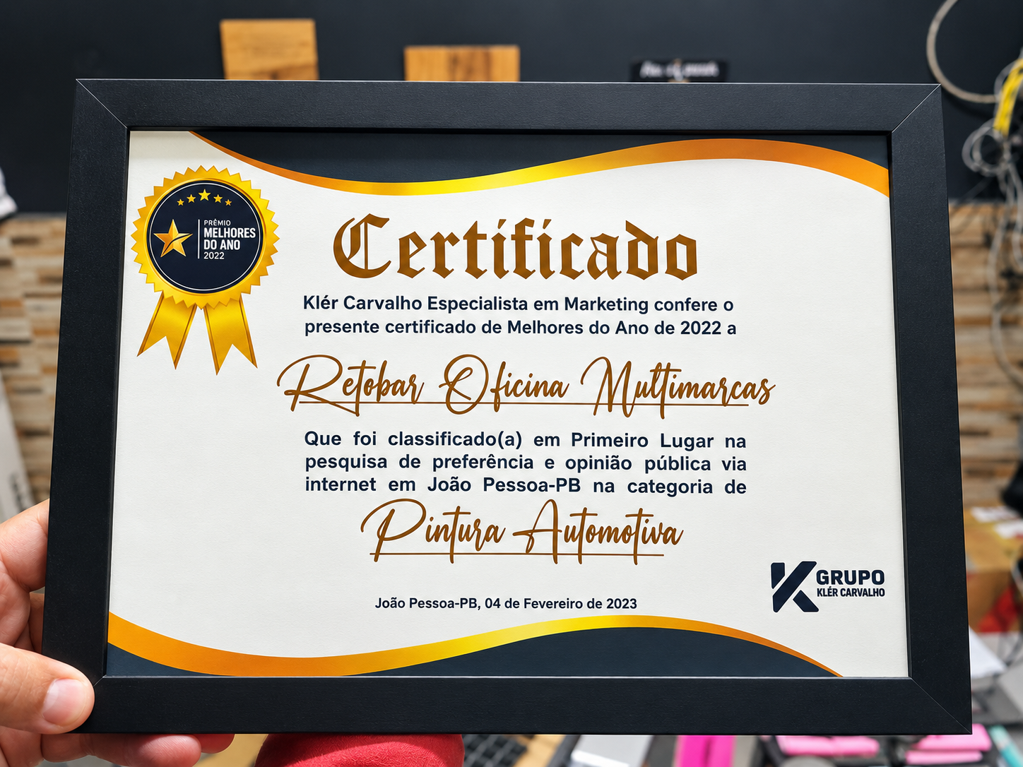 Certificado Melhores do Ano 2022 - Retokar 1º Lugar em Pintura Automotiva em João Pessoa-PB